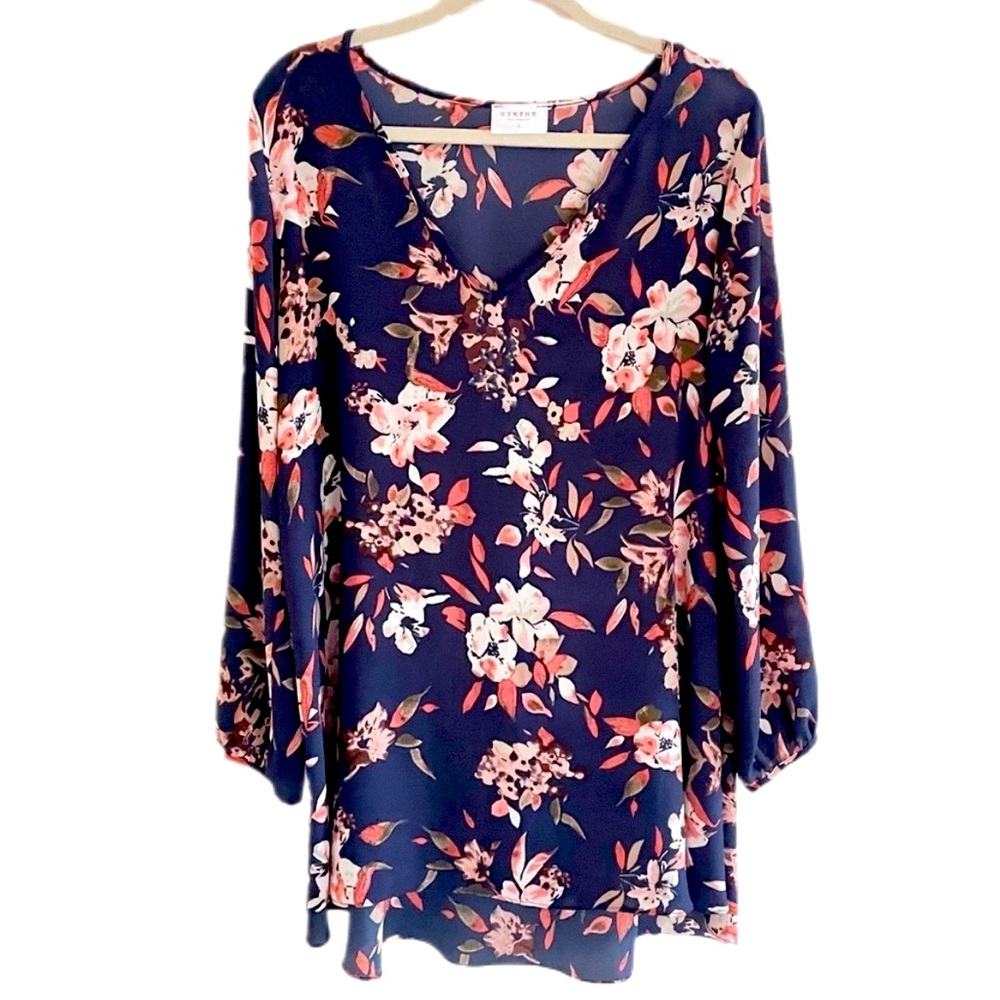 Navy Floral V-Neck Long Sleeve Tunic Blouse